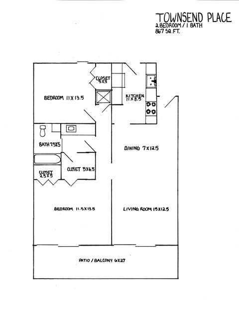 A floor plan for Townsend Place shows the layout of the bedrooms, bathrooms, kitchen, and living room.